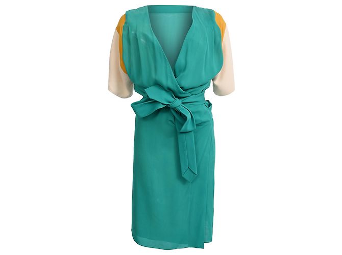 Vestido envelope Hermès comprimento de joelho em seda turquesa