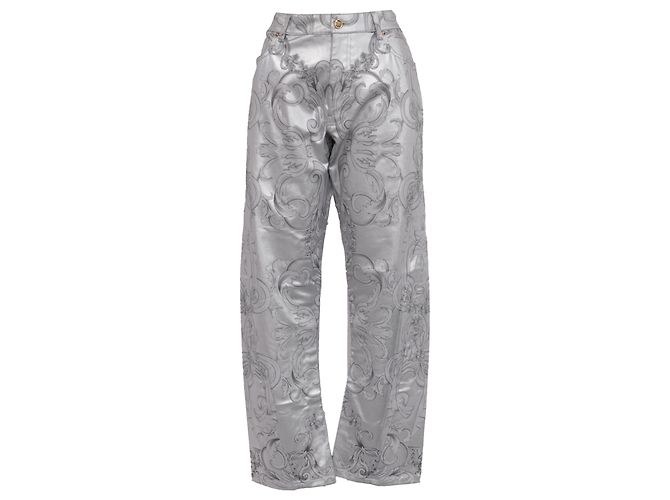 Vaqueros Barrel con estampado Baroque Versace en algodón plata metálico