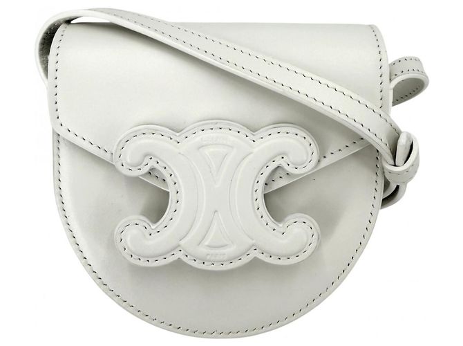 Céline Bolsa de Ombro Celine Cuir Triomphe Mini Buzas Branco