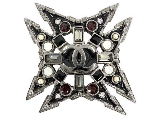 Spilla Chanel nera con perla artificiale e strass Nero 