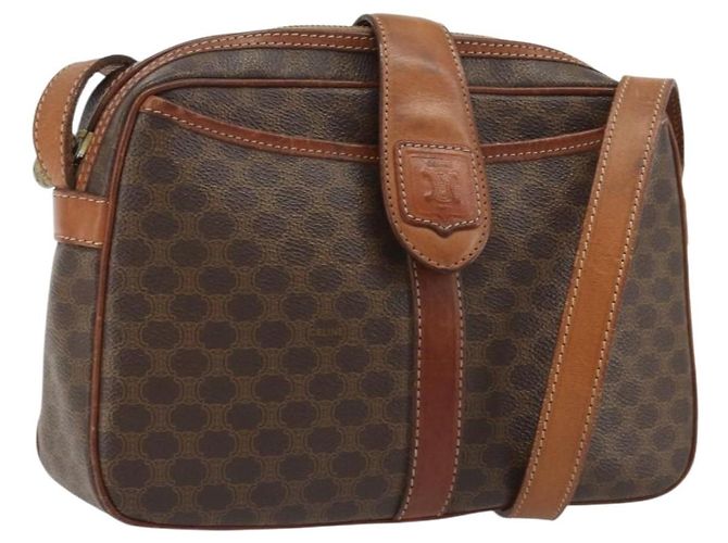 Céline Bolsa de Ombro CELINE Macadam Canvas PVC Couro Marrom Ouro Auth 187894 Dourado