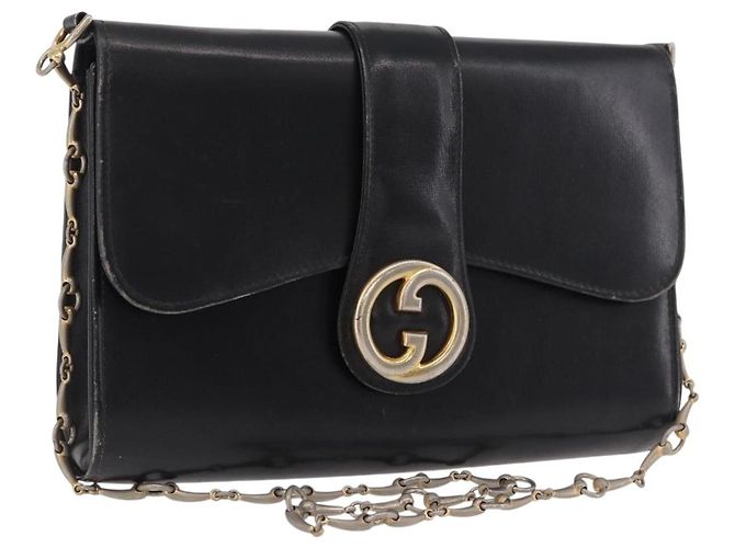 Borsa a tracolla GUCCI Horsebit Chain in pelle nera e oro Auth 189930 Nero D'oro