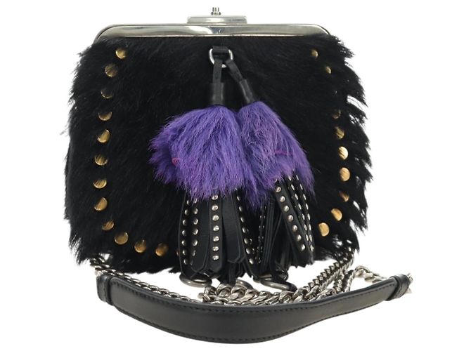 Borsa a Spalla con Catena PRADA in Pelliccia Nero Argento Auth 187435SAM