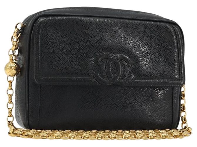 Bolsa de ombro com corrente CHANEL em pele caviar preta com CC dourado Auth ka4989V