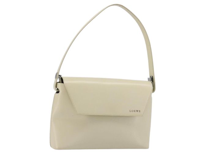LOEWE Handtasche Lackleder Beige Silber Auth bs35774