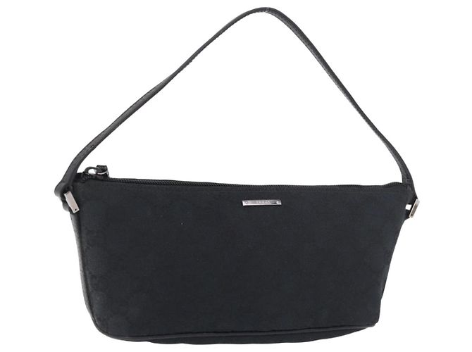 GUCCI GG Canvas Accessory Pouch Black Silver Auth 189166V Silvery
