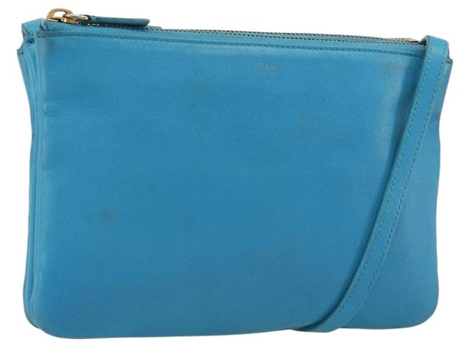 Céline Bolsa de ombro CELINE Trio em couro azul claro dourado Auth 189302