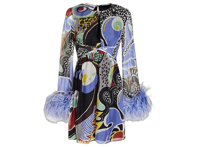 Moschino Vestido mini de seda con plumas Resort 2023 Multicolor