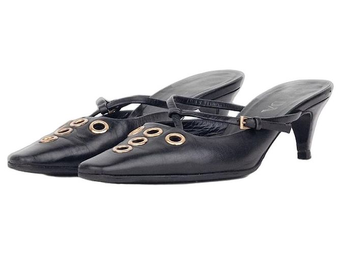 Prada 2000s Square Toe Grommet Kitten Heel Mules Black