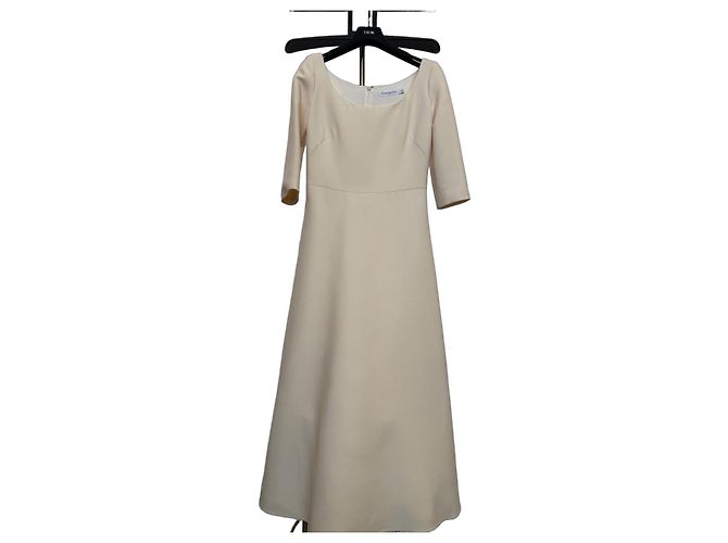 Christian Dior Vestido Largo de Lana y Seda Beige Crudo