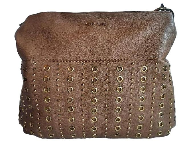 Miu Miu Studded and Grommet Hobo Bag in Brown Grained Leather