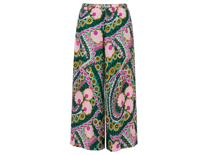 Weekend Max Mara Seidenhose Wide-Leg Abstraktes Blumenmuster Pink Weiß Grün Gelb