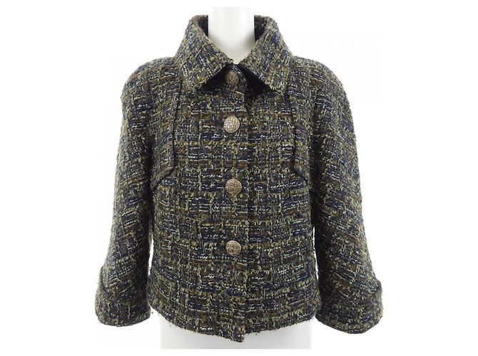 Timeless Chanel Cashmere Blend Jacket Blue Khaki Navy blue