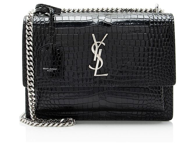 Bolsa de ombro Saint Laurent Sunset Medium em couro com textura de crocodilo e monograma Preto