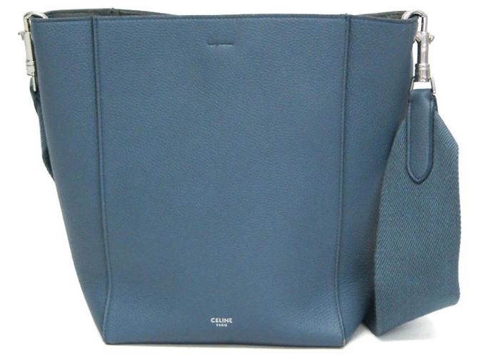 Céline Celine Sangle Seau em couro de bezerro Small Azul
