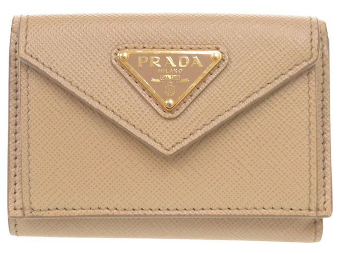 Prada Triangle Logo Saffiano Leather Tri-fold Wallet Beige