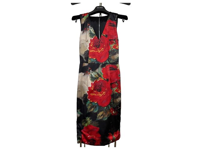 Dolce & Gabbana Midikleid mit rotem Blumenmuster Schwarz Weiß