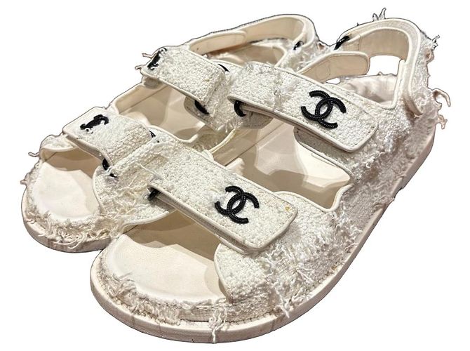 Chanel White Tweed CC Logo Sandals