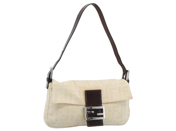 FENDI Zucca Canvas Mamma Baguette Shoulder Bag Beige Plata Auth 190260SAM