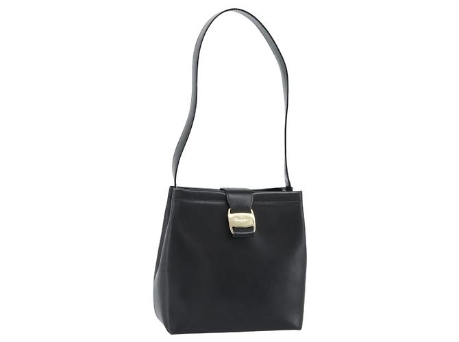 Salvatore Ferragamo Vala Shoulder Bag Leather Black Gold Auth ka5045 Golden