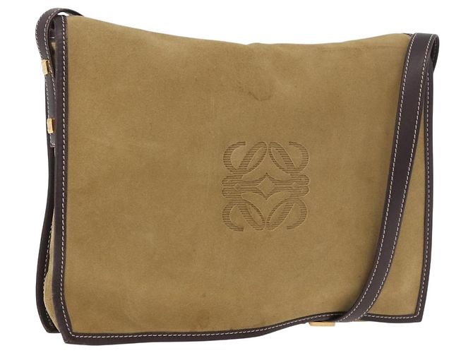 LOEWE Anagram Shoulder Bag Suede Beige Gold Auth 190571