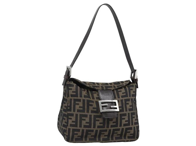 FENDI Zucca Canvas Mamma Baguette Shoulder Bag Brown Black Auth 190254A