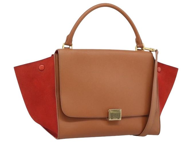 Céline Bolsa CELINE Trapeze de couro 2way Marrom Ouro Auth 189874A Dourado