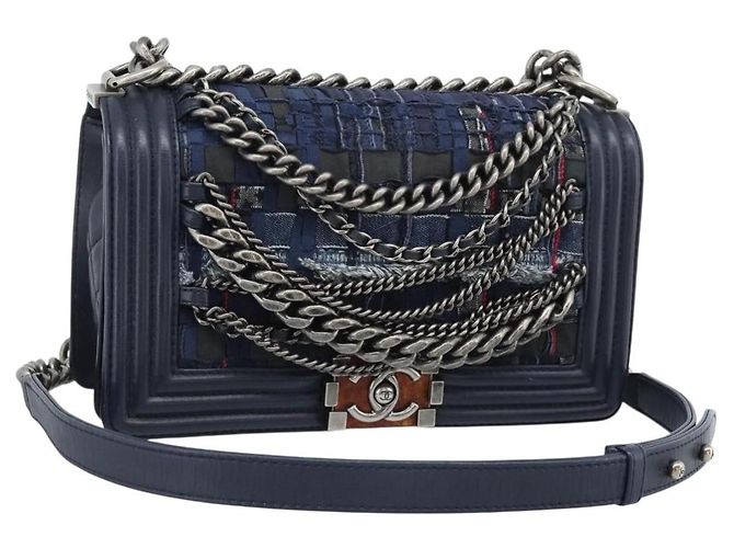 CHANEL Boy Chanel Chain Shoulder Bag Denim Blue Silver CC Auth 190194SAM Argento