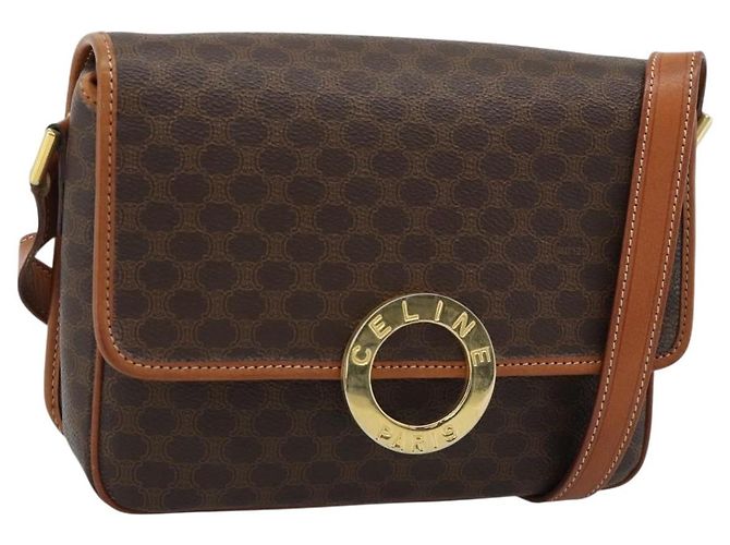 Céline Bolsa de Ombro Circular CELINE Macadam Canvas PVC Couro Marrom Ouro Auth 189954A Dourado