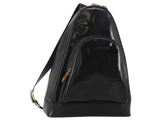 GUCCI Bamboo Body Bag Patent leather Black Auth 188102