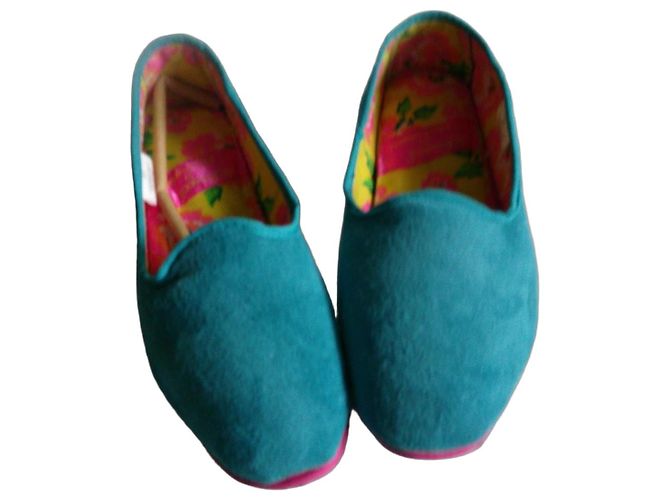 Autre Marque Fiorucci Mocassins Daim Bleus Doublure Florale