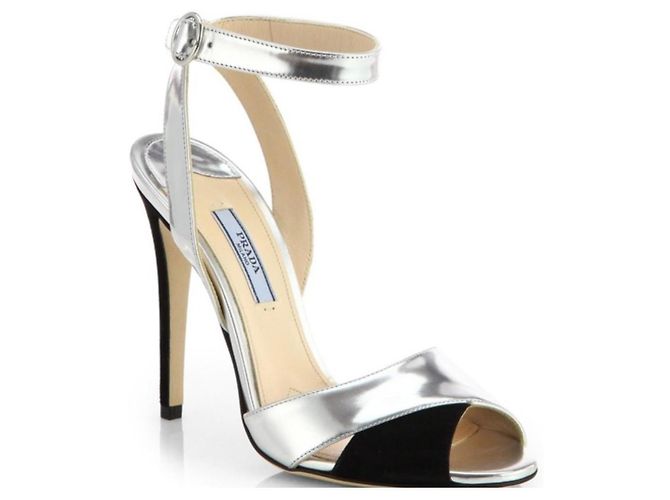 Prada Metallic Leather and Suede Ankle Strap Heels Black Silvery