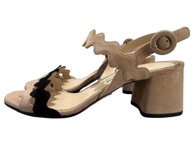 Prada Wavy Suede Block Heel Sandals - Beige/Black 36.5