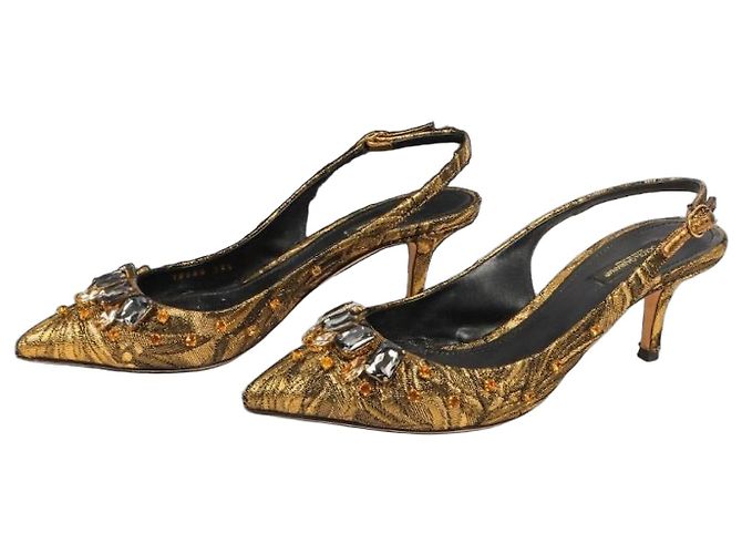 Scarpins Slingback Dolce & Gabbana em Seda e Cristais Dourado