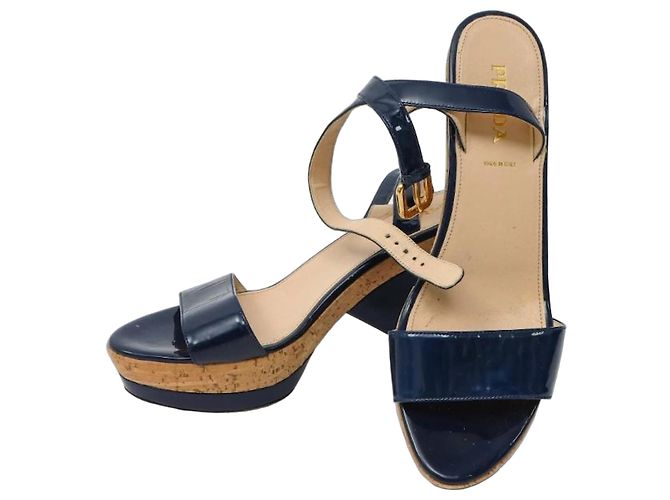 Prada Blue Patent Leather Wedge Sandals