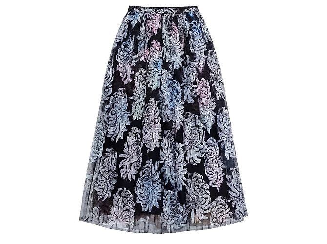 Autre Marque Marco de Vincenzo Plissierter bedruckter Mesh-Midirock Spring 2016 Schwarz Mehrfarben