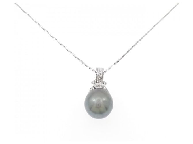 Autre Marque Collana in oro bianco Au750, perla nera e diamante Nero