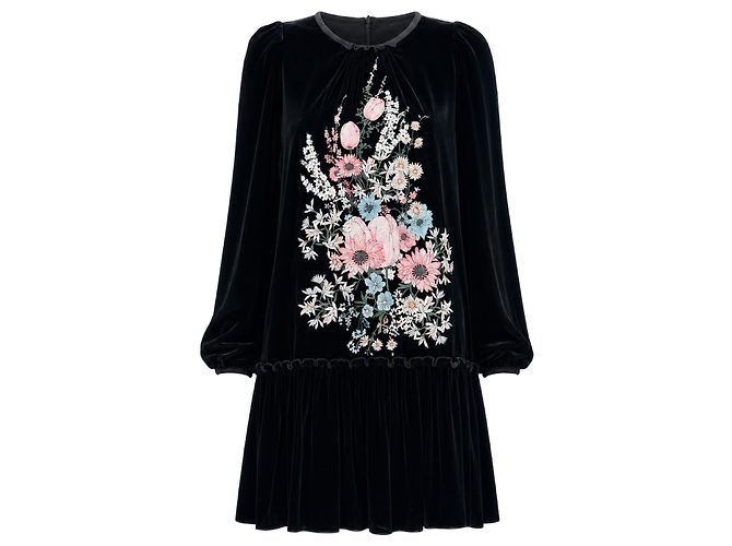 N°21 Schwarzes Samtkleid mit Blumenstickerei Mehrfarben