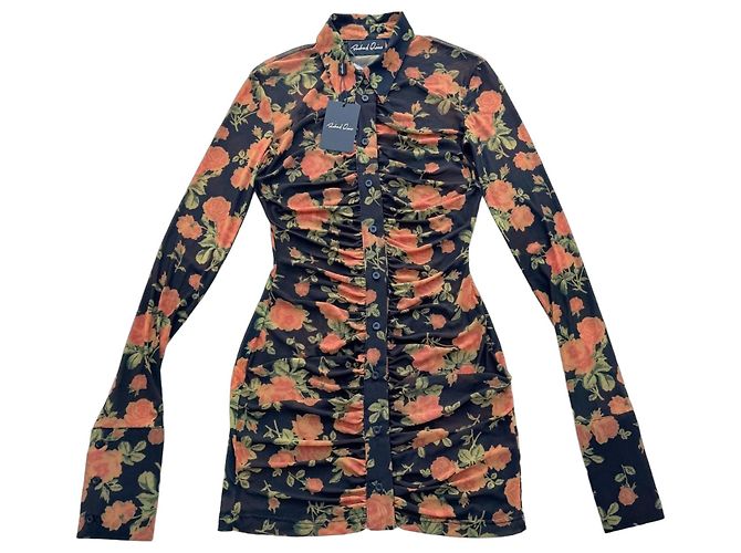 Autre Marque Richard Quinn Mini-Mesh-Kleid mit Blumenprint Schwarz Grün Orange