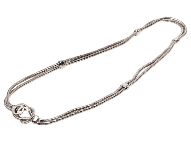 Chanel Silver CC Brass Double Snake Chain Knot Halskette Silber