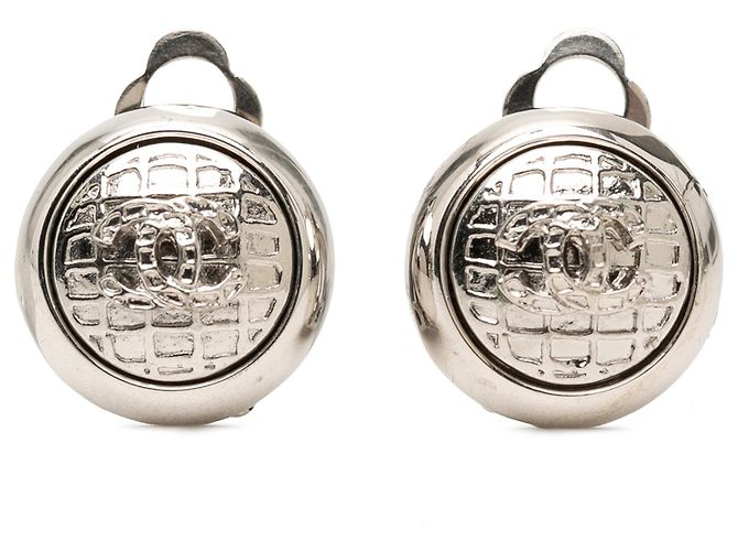 Chanel Silberne CC Messing Rund Clip-On Ohrringe