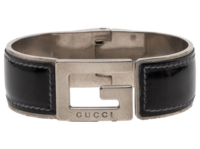 Bracciale G Cuff in pelle nera e ottone Gucci Nero