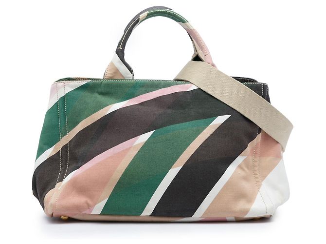 Prada White Multicolor Printed Canvas Canapa Satchel Cream