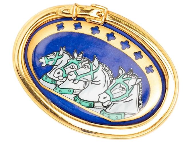Broche Chevaux en émail bleu Hermès 