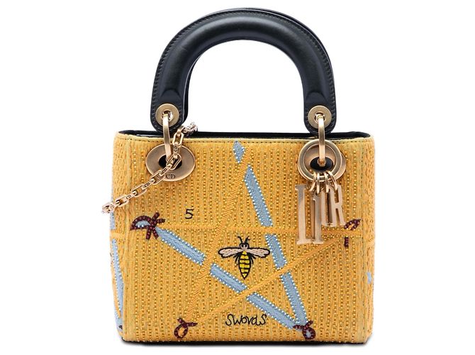 Lady Dior en lona bordada espadas amarillo mini