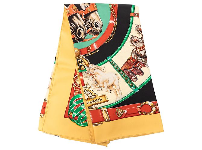 Lenço de seda Hermès Yellow Chevaux de Trait 90 Amarelo