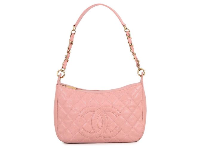 Bolsa de ombro com corrente em couro de vitelo granulado rosa Chanel
