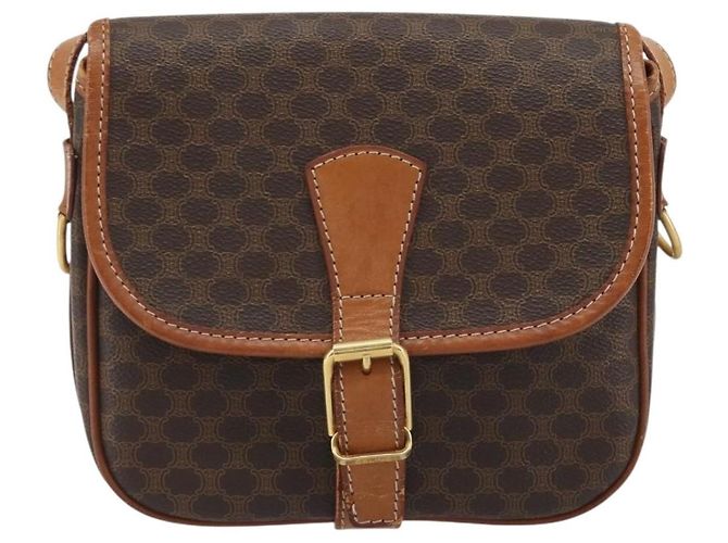Céline Celine Vintage Macadam Lona y Cuero Castaño