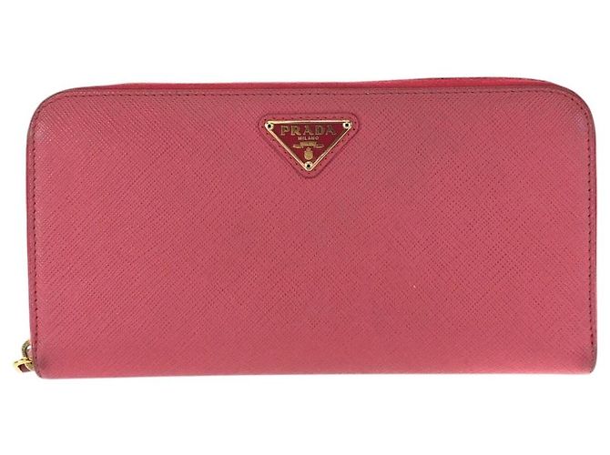 Carteira de couro Saffiano Prada com placa de logotipo Rosa