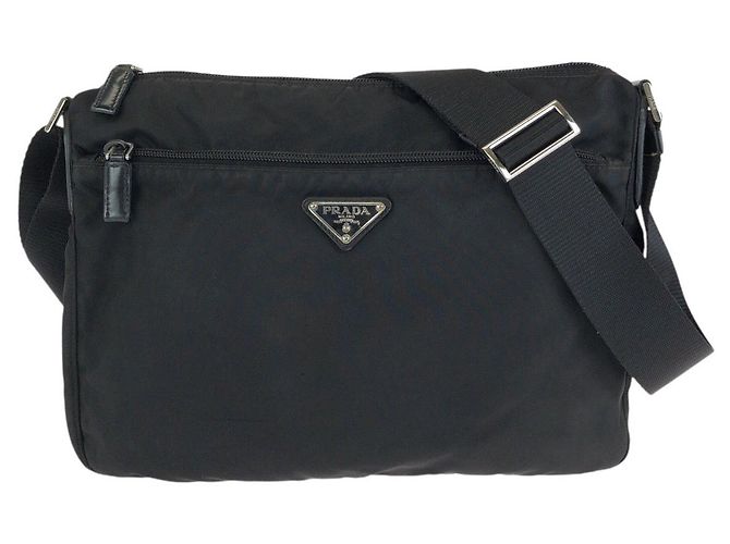 Prada Nylon Tessuto Triangle Logo Messenger Bag Black